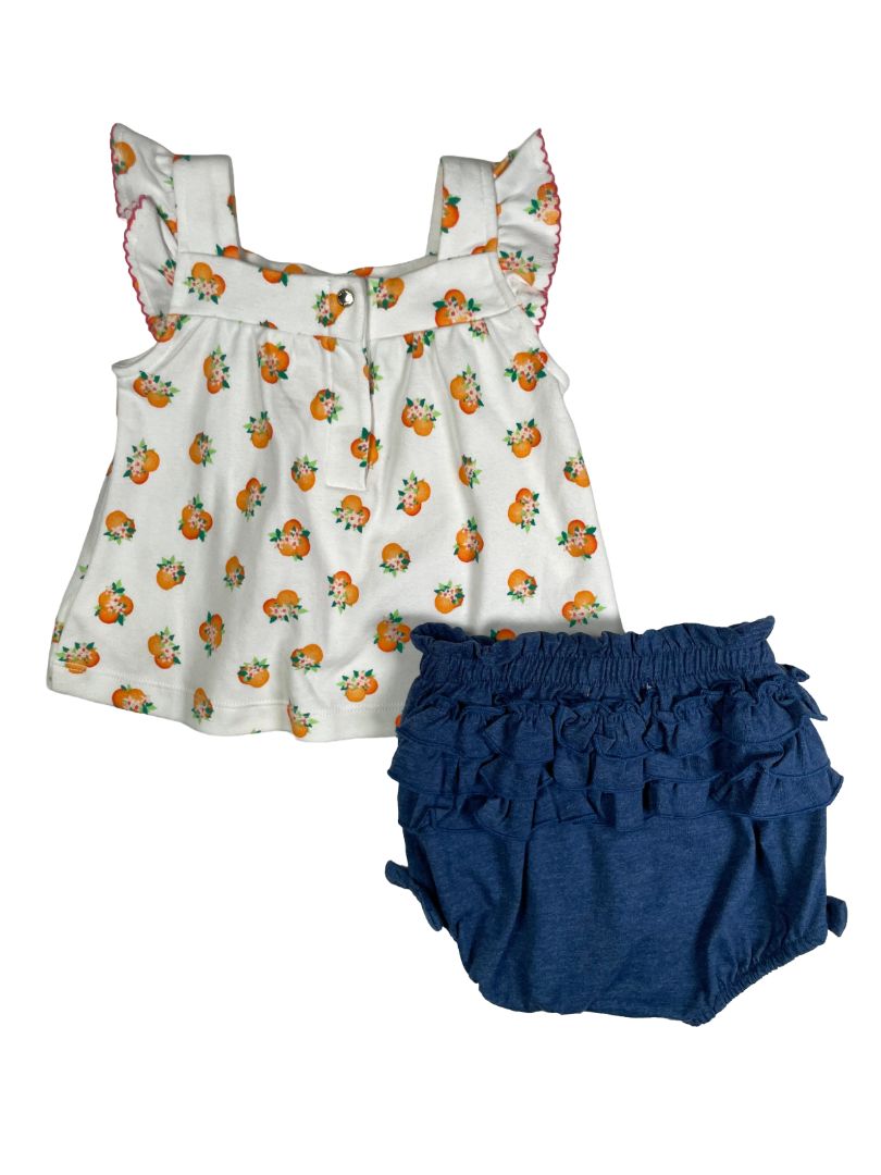 6 mo, Kate Spade, White, Oranges ruffle sleeve shirt + blue ruffle butt bloomers SET