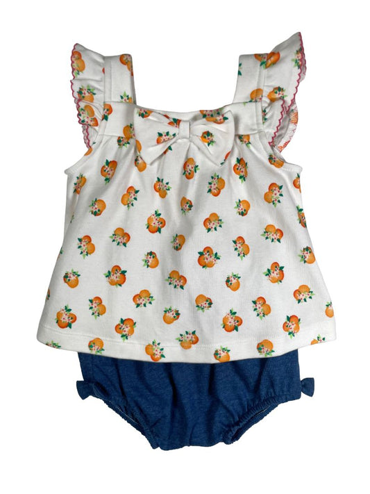 6 mo, Kate Spade, White, Oranges ruffle sleeve shirt + blue ruffle butt bloomers SET