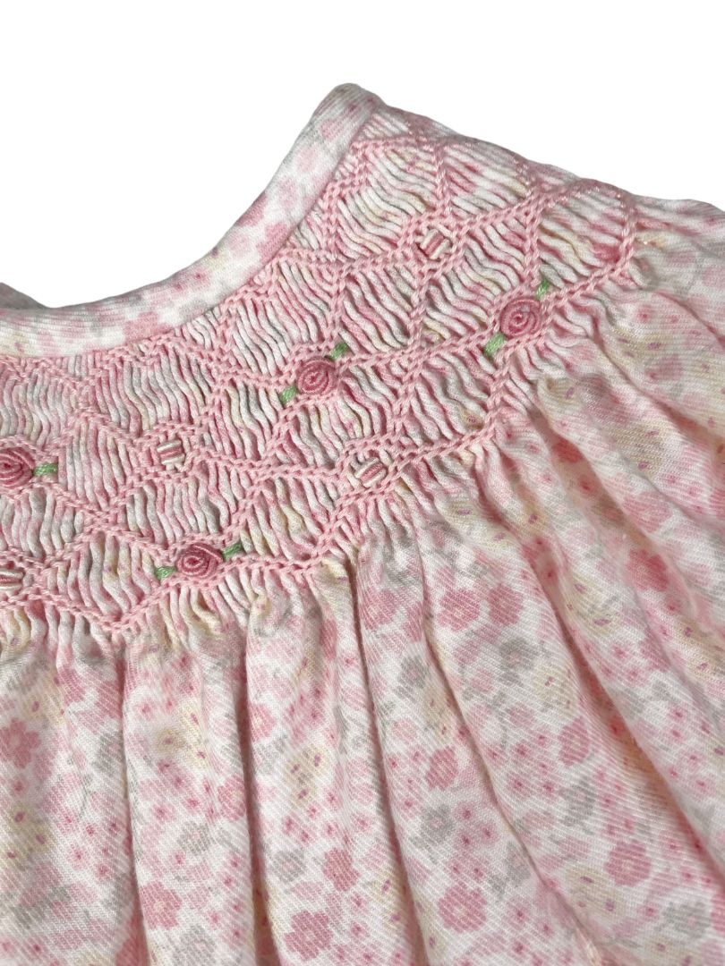 12 mo, Anavini, Pink, Soft floral long-sleeve dress w/ hand-smocked neckline, rosettes