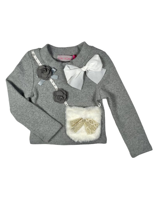 12 mo, Ciao Milano, Grey, NEW w/ tags - Sweatshirt w/ bow, rosettes, faux fur purse