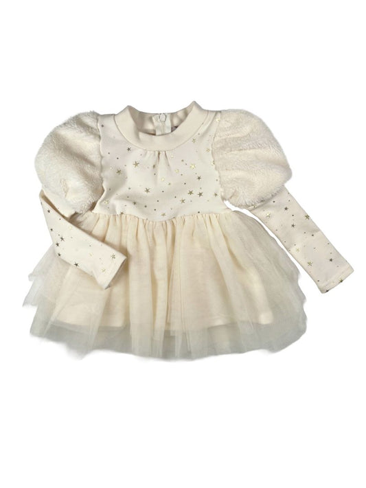 12 mo, Ciao Milano, Cream, NEW w/ tags - Gold star long-sleeve dress, tulle skirt & puff faux fur shoulders
