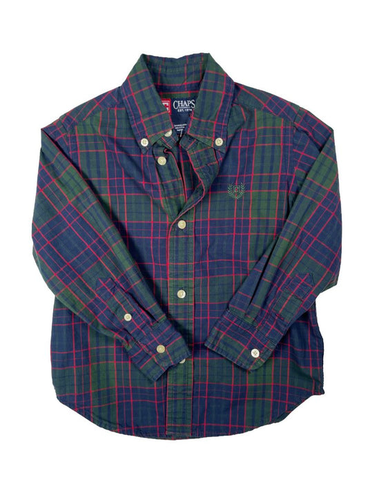 3/3T, Chaps, Blue, Green/red plaid button-up shirt