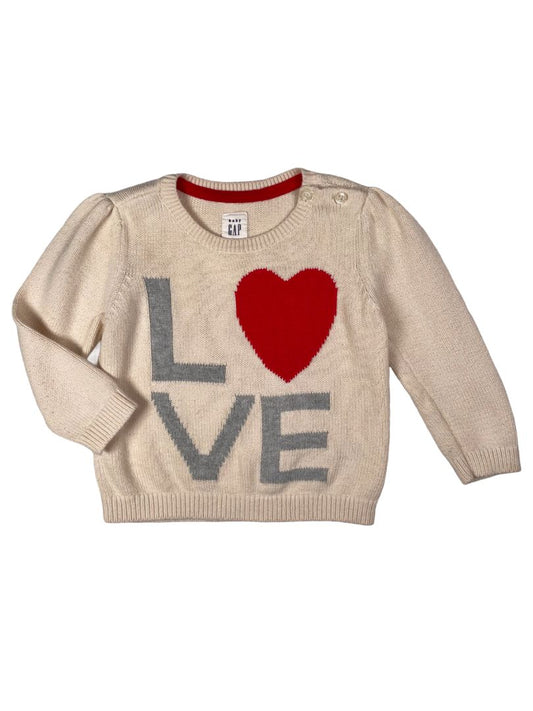 6-12 mo, babyGap, Cream, Grey "LOVE" knit puff-sleeve sweater with red heart