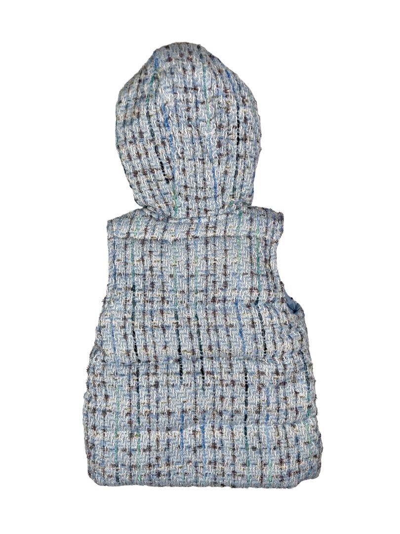 2/2T, Nicole Miller, Blue, 'Tweed'/bouclé metallic thread plaid snap-up vest, faux fur lined hood