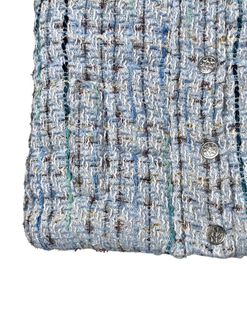 2/2T, Nicole Miller, Blue, 'Tweed'/bouclé metallic thread plaid snap-up vest, faux fur lined hood