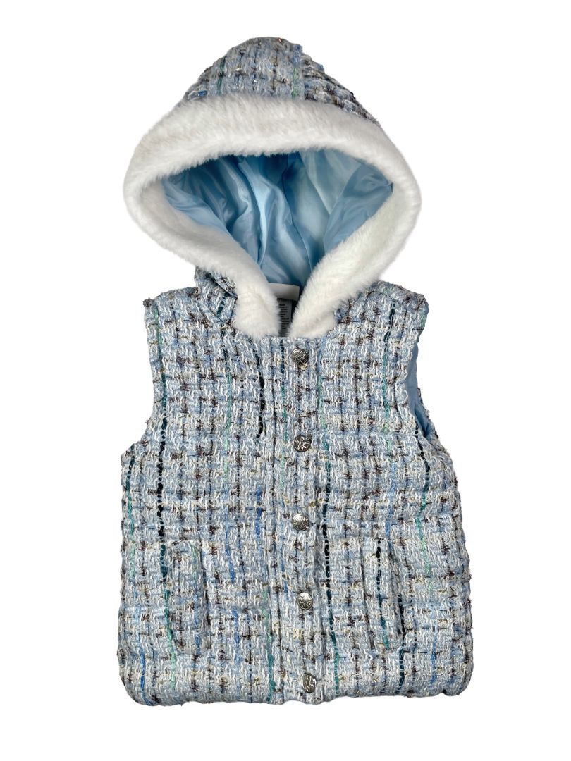 2/2T, Nicole Miller, Blue, 'Tweed'/bouclé metallic thread plaid snap-up vest, faux fur lined hood