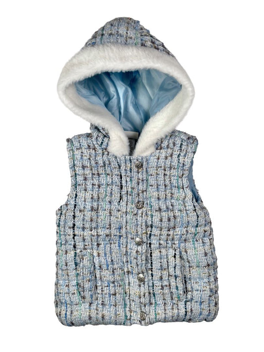 2/2T, Nicole Miller, Blue, 'Tweed'/bouclé metallic thread plaid snap-up vest, faux fur lined hood