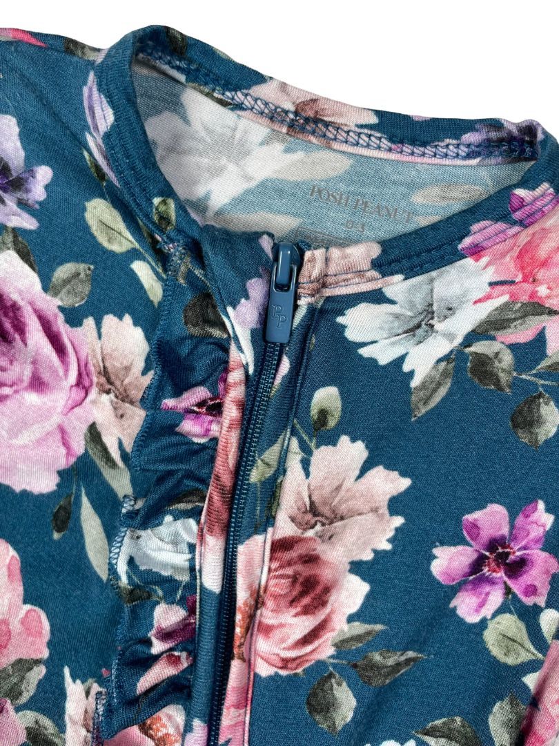 0-3 mo, Posh Peanut, Blue, Bamboo floral two-way zip footed pajamas, ruffles on butt