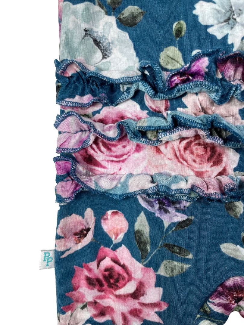 0-3 mo, Posh Peanut, Blue, Bamboo floral two-way zip footed pajamas, ruffles on butt
