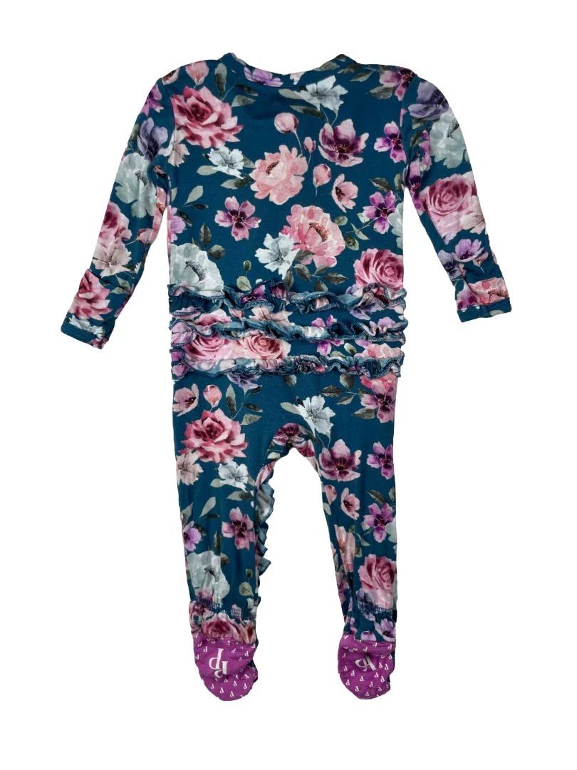 0-3 mo, Posh Peanut, Blue, Bamboo floral two-way zip footed pajamas, ruffles on butt