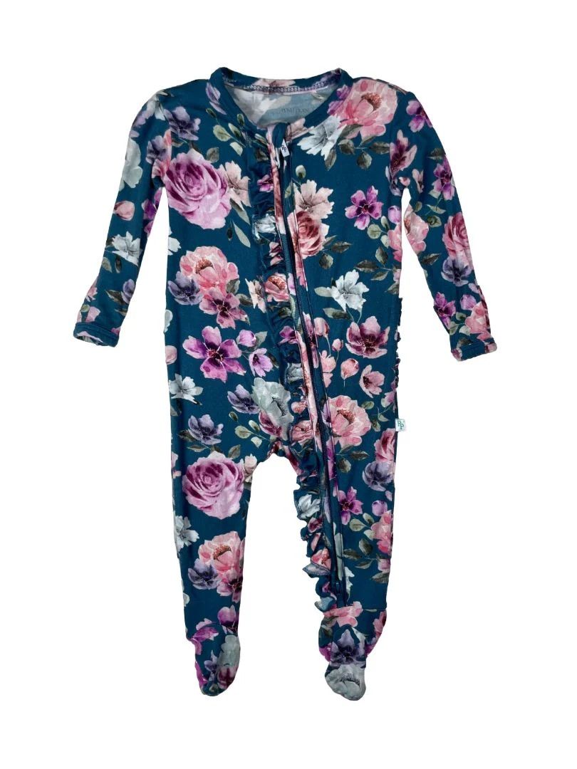 0-3 mo, Posh Peanut, Blue, Bamboo floral two-way zip footed pajamas, ruffles on butt