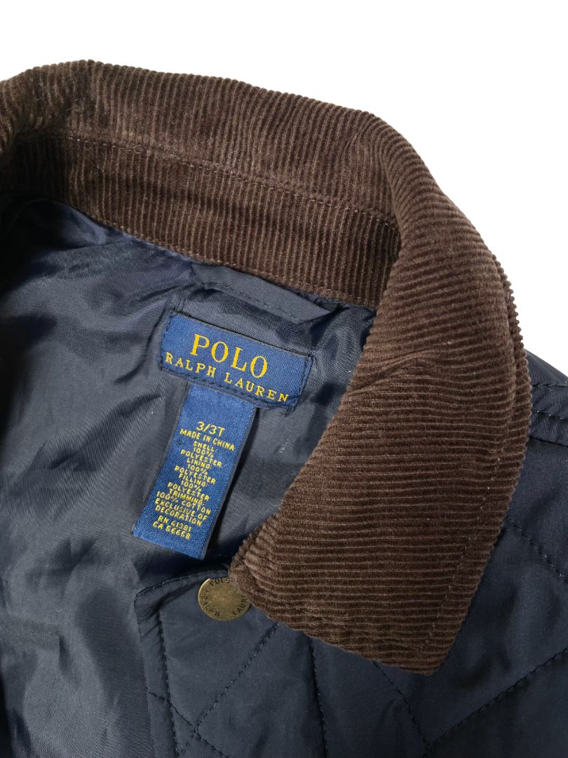 3/3T, Polo Ralph Lauren, Blue, Quilted snap-up barn jacket, corduroy collar