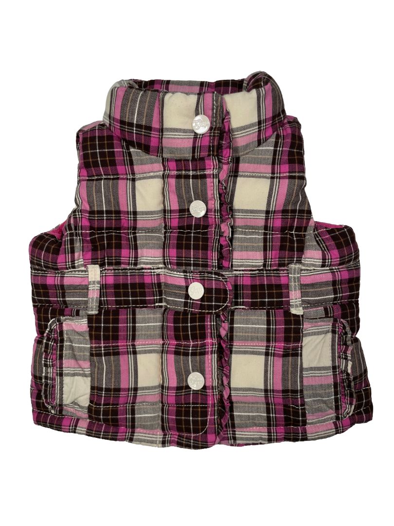 12-18 mo, babyGap, Cream, Pink/brown plaid padded vest, fleece lined