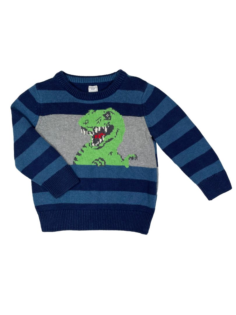 3/3T, babyGap, Blue, Striped T-rex pullover knit sweater