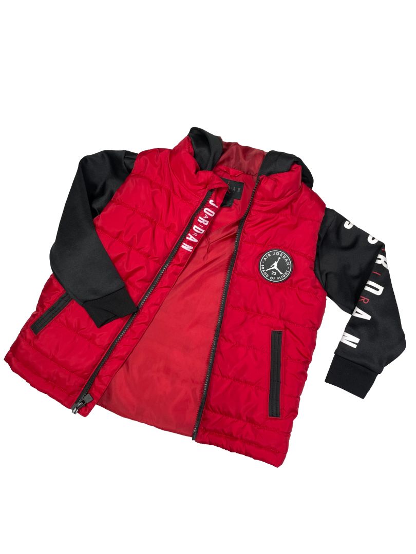 3/3T, Nike Air Jordan, Red, Puffer chest jacket, black hood and long sleeves