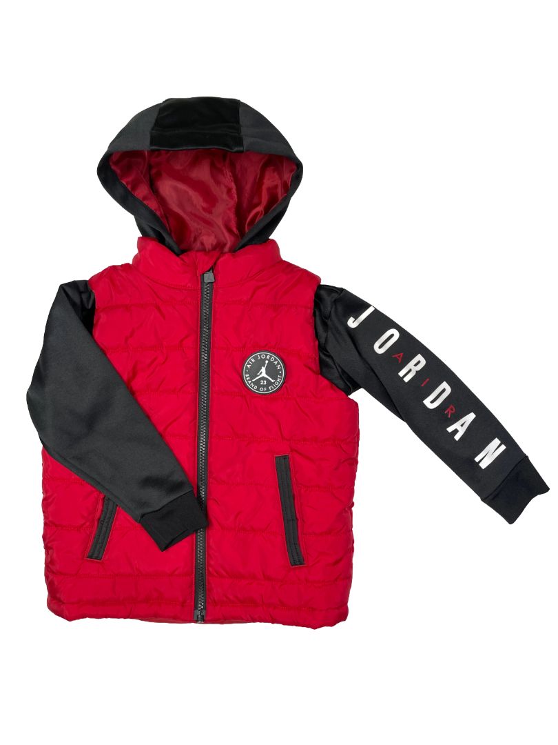 3/3T, Nike Air Jordan, Red, Puffer chest jacket, black hood and long sleeves