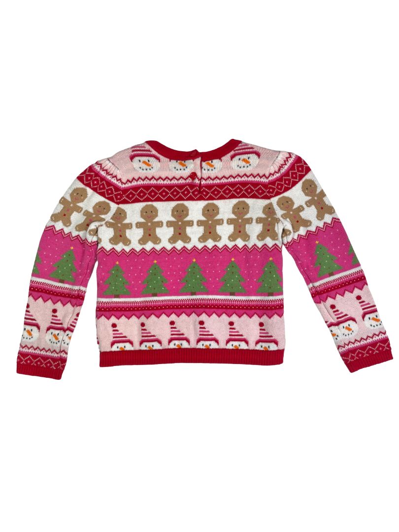 4/4T, Gymboree, Red, Jaquard Christmas sweater, gingerbread, trees, snowmen, peppermint buttons