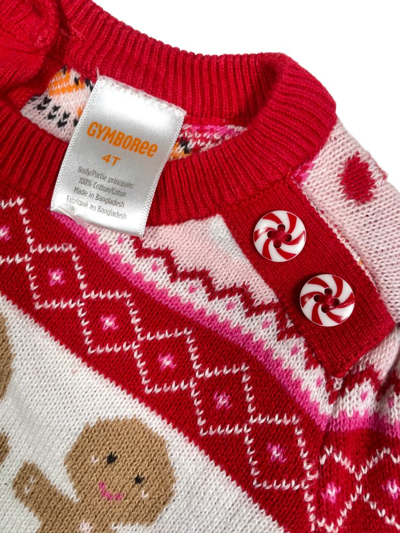 4/4T, Gymboree, Red, Jaquard Christmas sweater, gingerbread, trees, snowmen, peppermint buttons