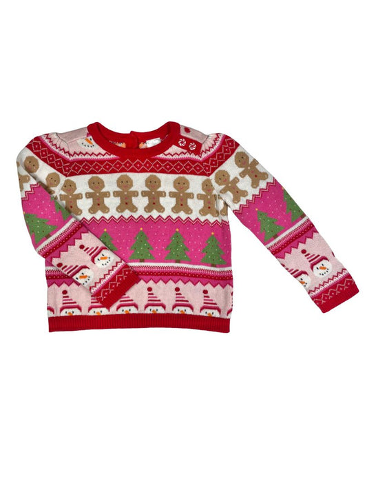 4/4T, Gymboree, Red, Jaquard Christmas sweater, gingerbread, trees, snowmen, peppermint buttons