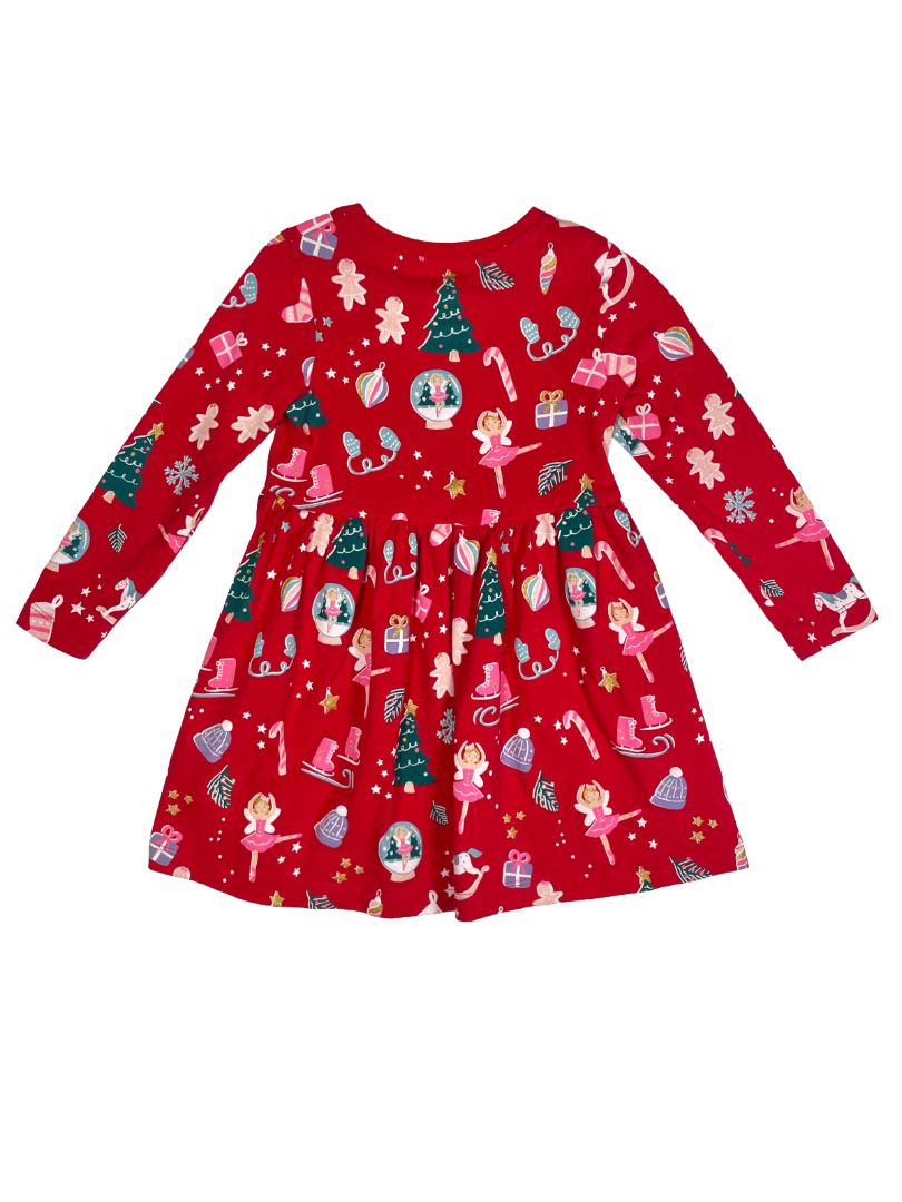 2-3, M&S, Red, Long-sleeve Christmas print dress, ballerinas, ice skates