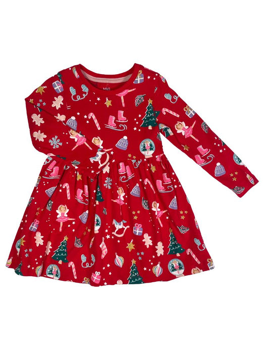 2-3, M&S, Red, Long-sleeve Christmas print dress, ballerinas, ice skates