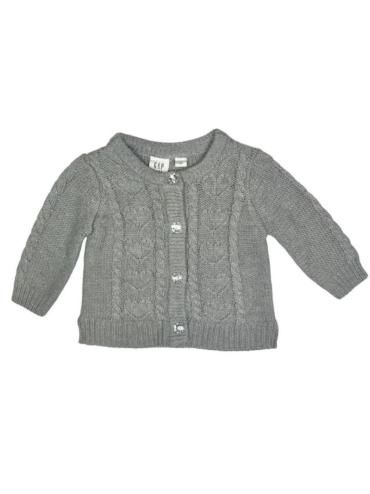 3-6 mo, babyGap, Grey, Vintage silver sparkly heart cable-knit cardigan, rhinestone buttons (see notes)