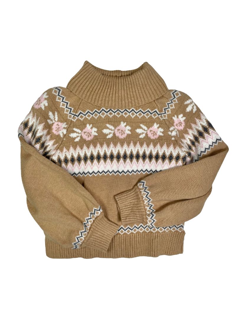 4/4T, Zara, Brown, Floral Fair Isle sweater, bishop sleeves, turtleneck / fold-over collar