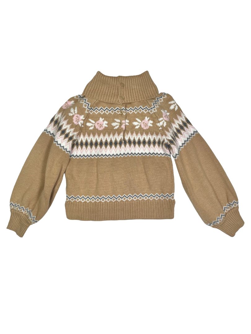 4/4T, Zara, Brown, Floral Fair Isle sweater, bishop sleeves, turtleneck / fold-over collar