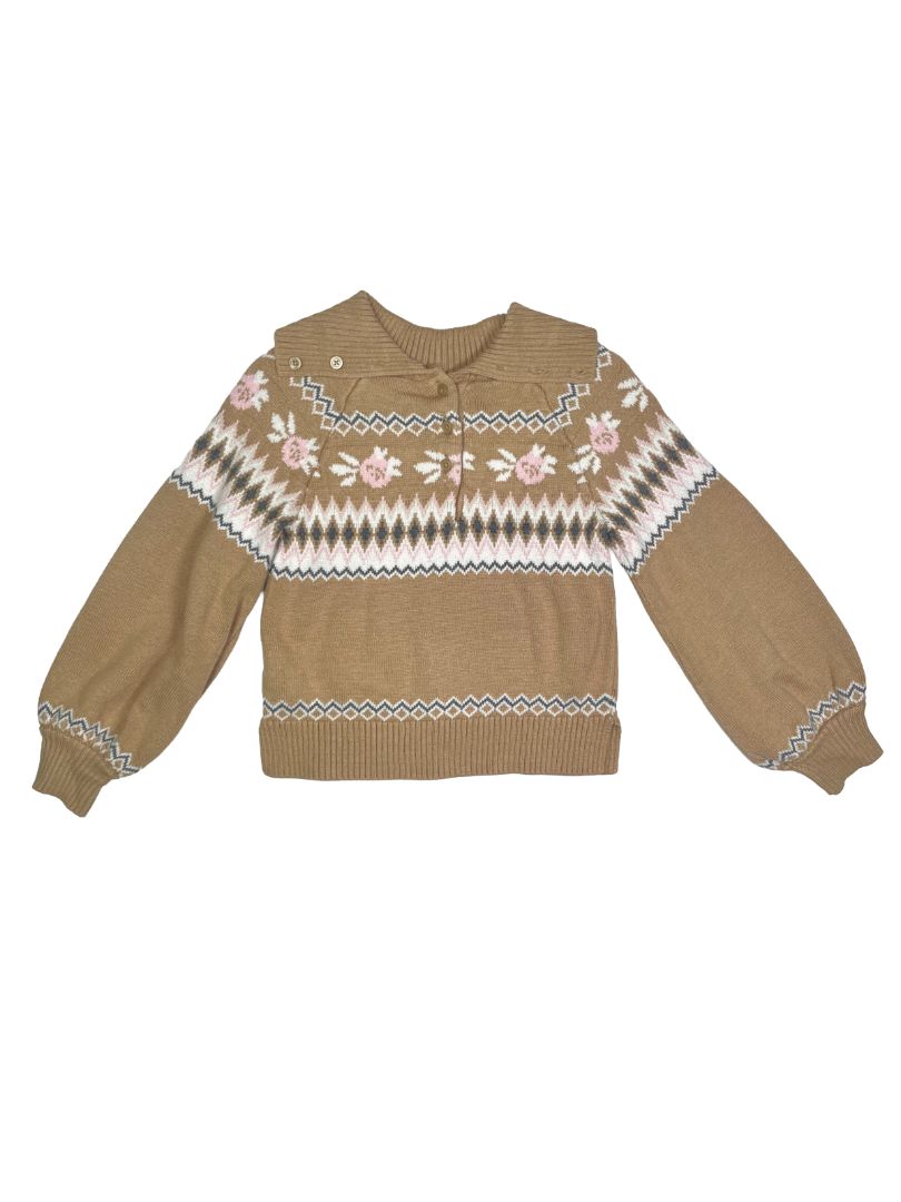 4/4T, Zara, Brown, Floral Fair Isle sweater, bishop sleeves, turtleneck / fold-over collar