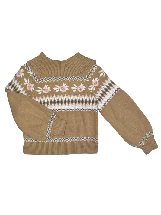 4/4T, Zara, Brown, Floral Fair Isle sweater, bishop sleeves, turtleneck / fold-over collar