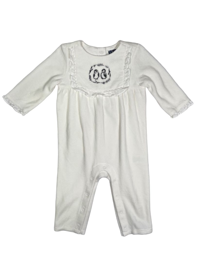 6-12 mo, Janie and Jack, Cream, Velour coverall romper, embroidered penguins, snap legs