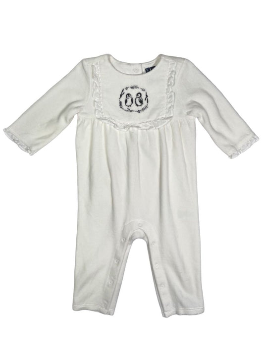 6-12 mo, Janie and Jack, Cream, Velour coverall romper, embroidered penguins, snap legs