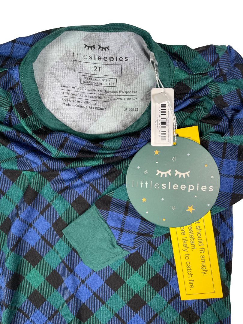 2/2T Little Sleepies, Green, New w/ tags - plaid ultra-soft bamboo 2-piece long-sleeve shirt + pants pajama SET, green/blue/black