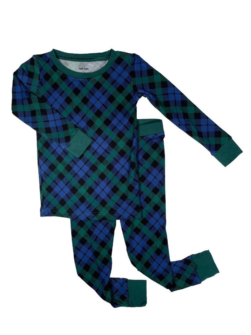 2/2T Little Sleepies, Green, New w/ tags - plaid ultra-soft bamboo 2-piece long-sleeve shirt + pants pajama SET, green/blue/black