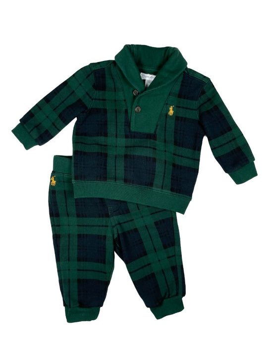 6 mo, Ralph Lauren, Green, Plaid shawl collar pullover + sweatpants SET, fleece-lined, gold Polo emblems