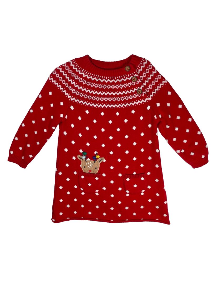 9-12 mo, John Lewis & Partners, Red, Fair Isle long-sleeve sweater dress, reindeer at pocket, dotted