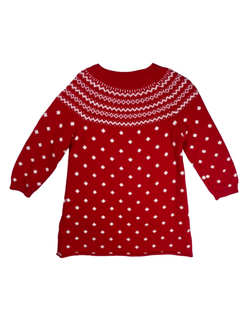 9-12 mo, John Lewis & Partners, Red, Fair Isle long-sleeve sweater dress, reindeer at pocket, dotted