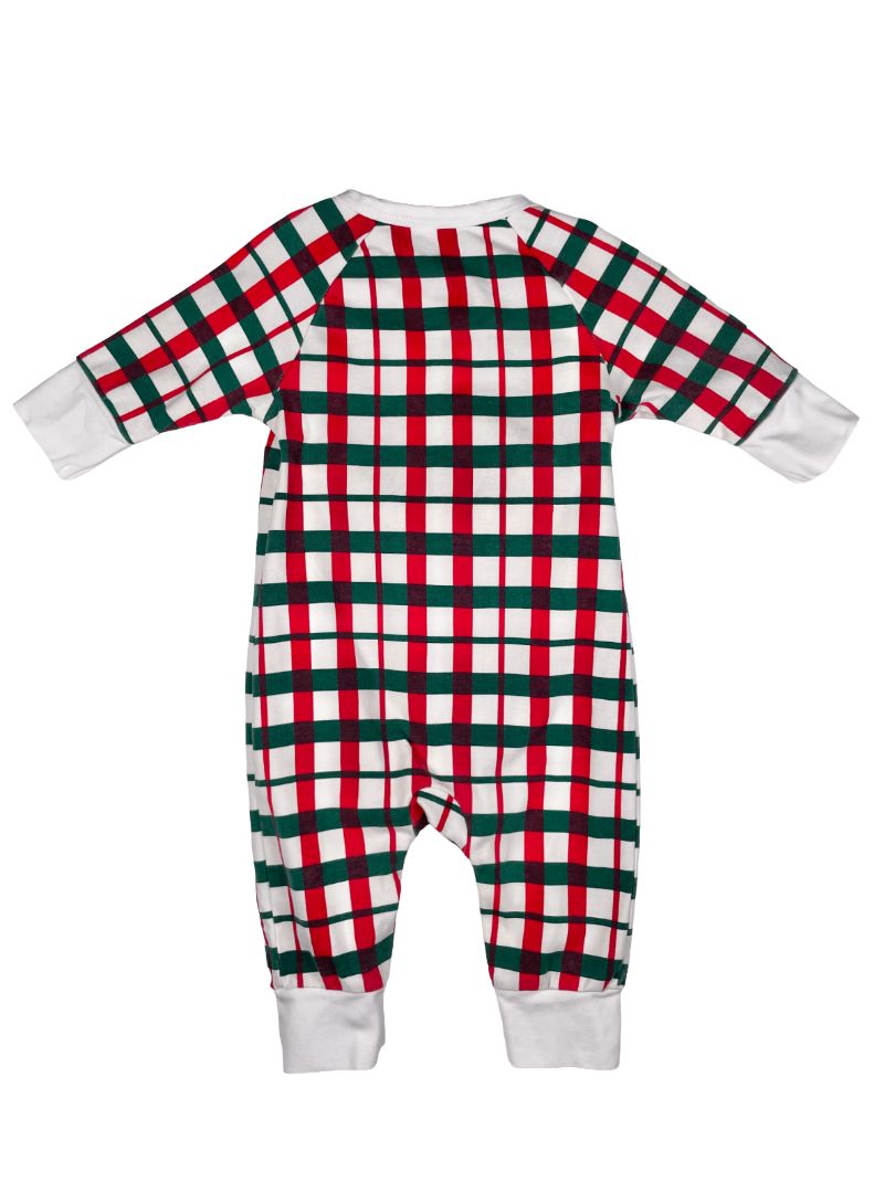 0-3 mo, Monica + Andy, White, Red/green plaid kimono tie one-piece, organic cotton + stretch