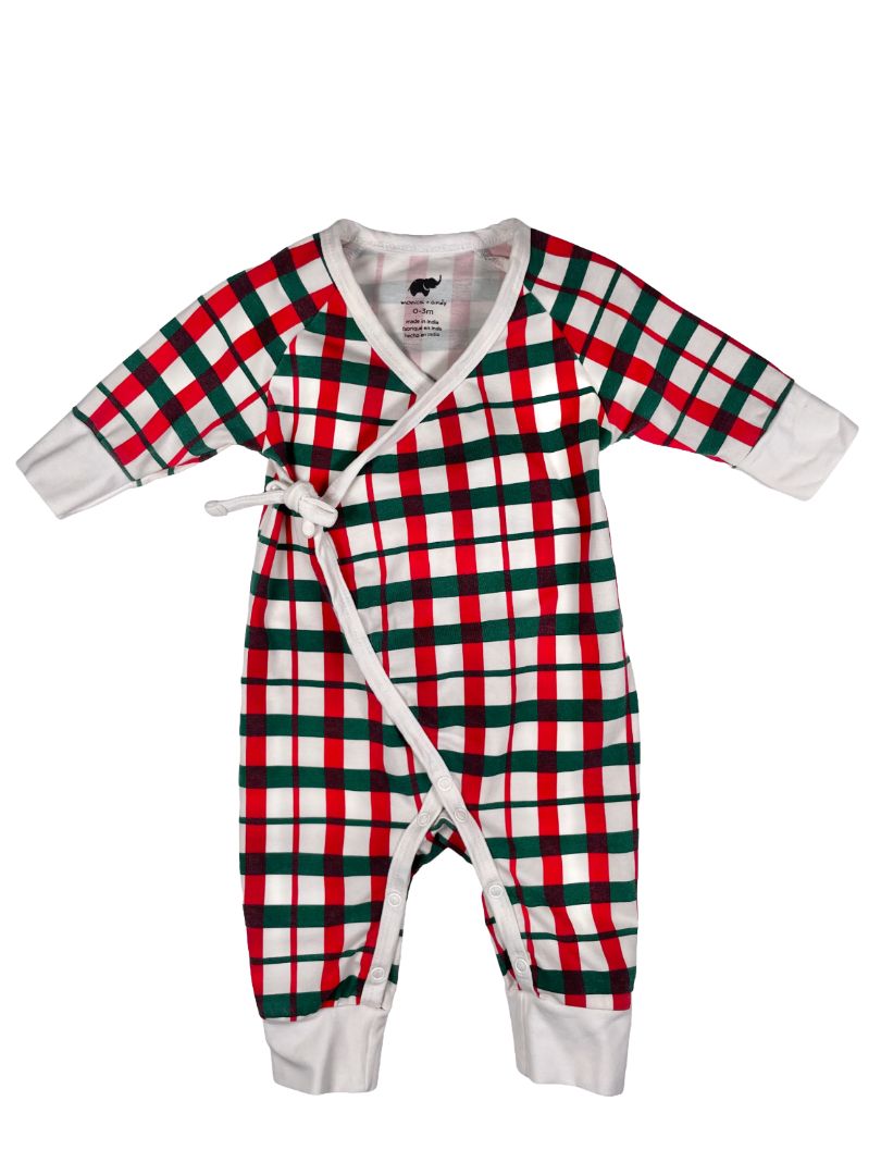 0-3 mo, Monica + Andy, White, Red/green plaid kimono tie one-piece, organic cotton + stretch