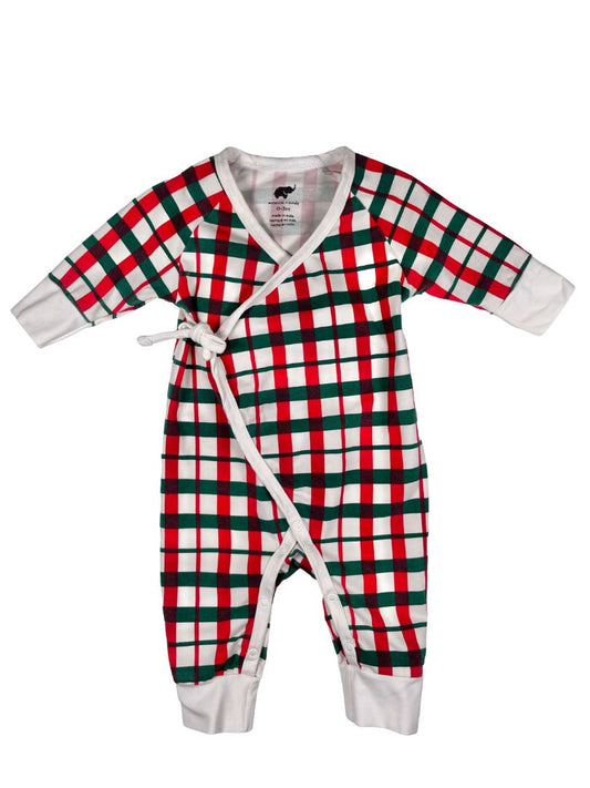 0-3 mo, Monica + Andy, White, Red/green plaid kimono tie one-piece, organic cotton + stretch
