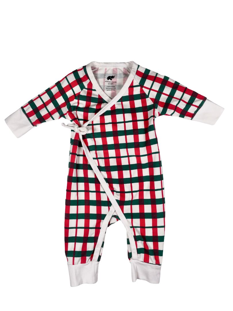 0-3 mo, Monica + Andy, White, Red/green plaid kimono tie one-piece, organic cotton + stretch