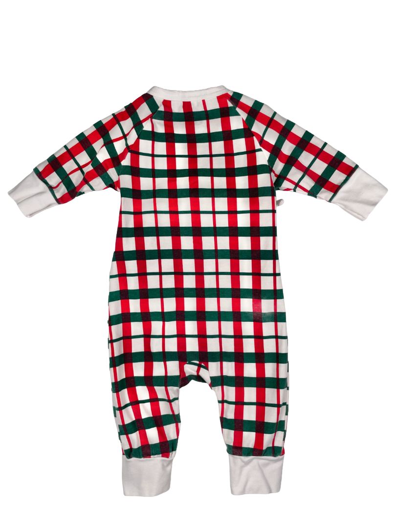 0-3 mo, Monica + Andy, White, Red/green plaid kimono tie one-piece, organic cotton + stretch