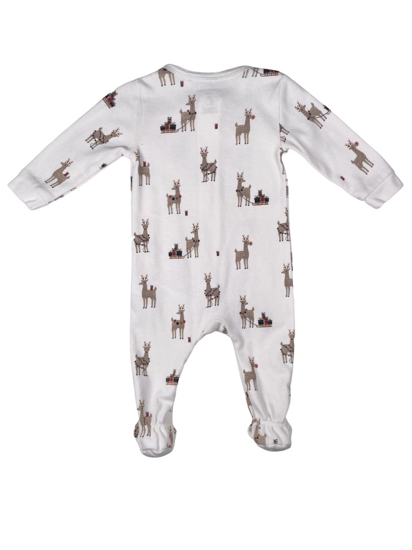 0-3 mo, Petit Lem, White, Reindeer print 2-way zip footed coverall