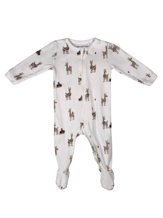 0-3 mo, Petit Lem, White, Reindeer print 2-way zip footed coverall