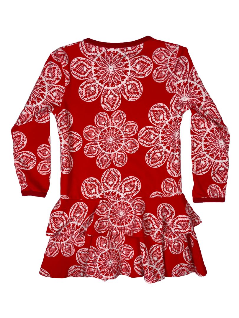 3/3T, Naperonuttu, Red, White flower long-sleeve dress w/ ruffles, organic cotton + stretch