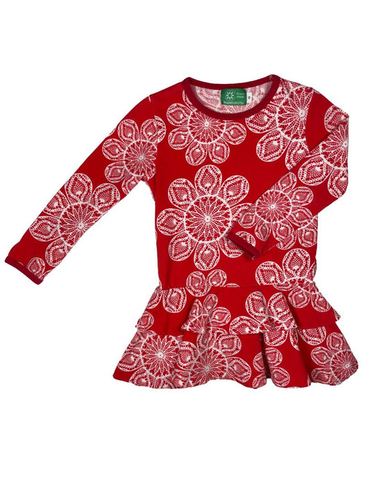 3/3T, Naperonuttu, Red, White flower long-sleeve dress w/ ruffles, organic cotton + stretch