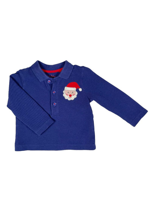 3-6 mo Boden, Blue, Long-sleeve polo shirt w/ appliqué Santa Claus