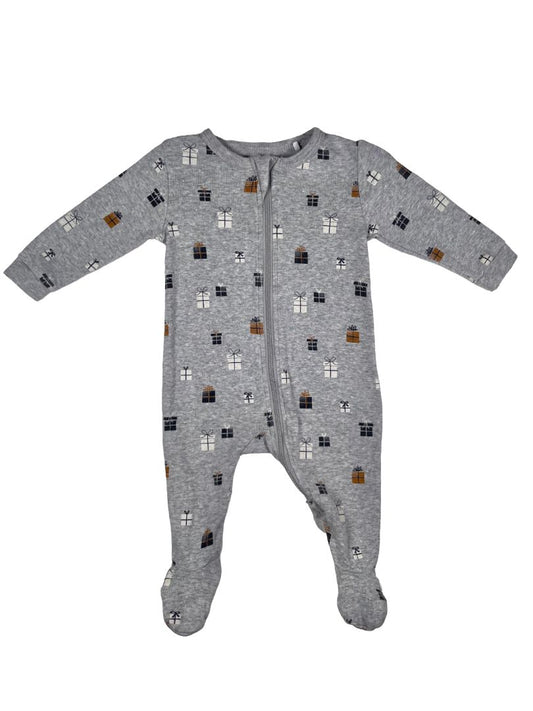 3 mo, Petit Lem, Grey, Glow-in-the-dark present print 2-way zip footed coverall