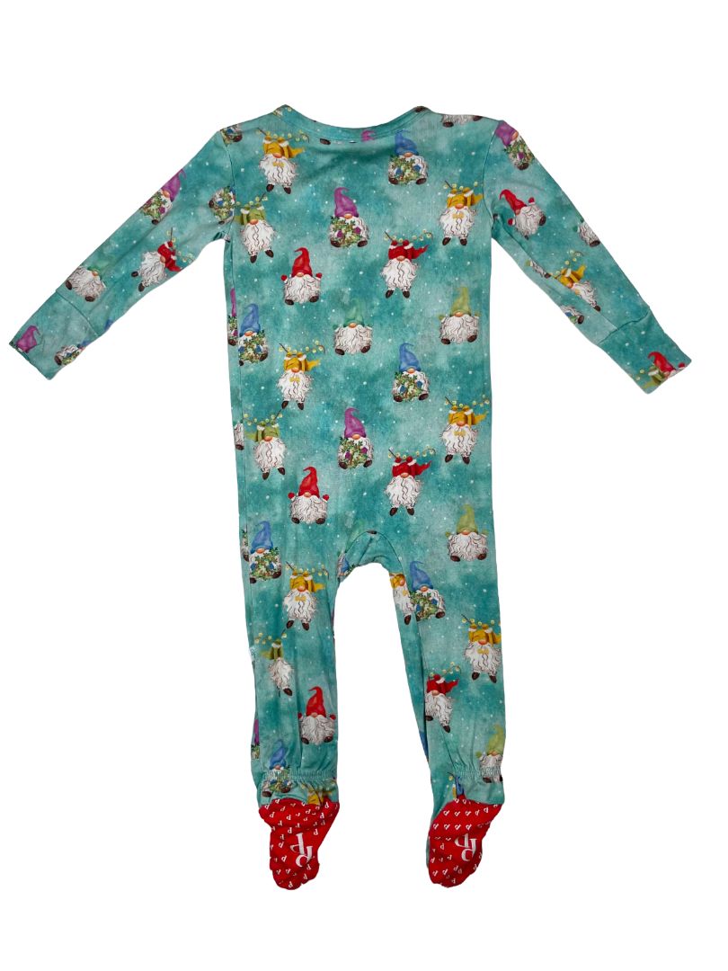 6-9 mo, Posh Peanut, Blue, Christmas gnome print footed zip-up sleeper