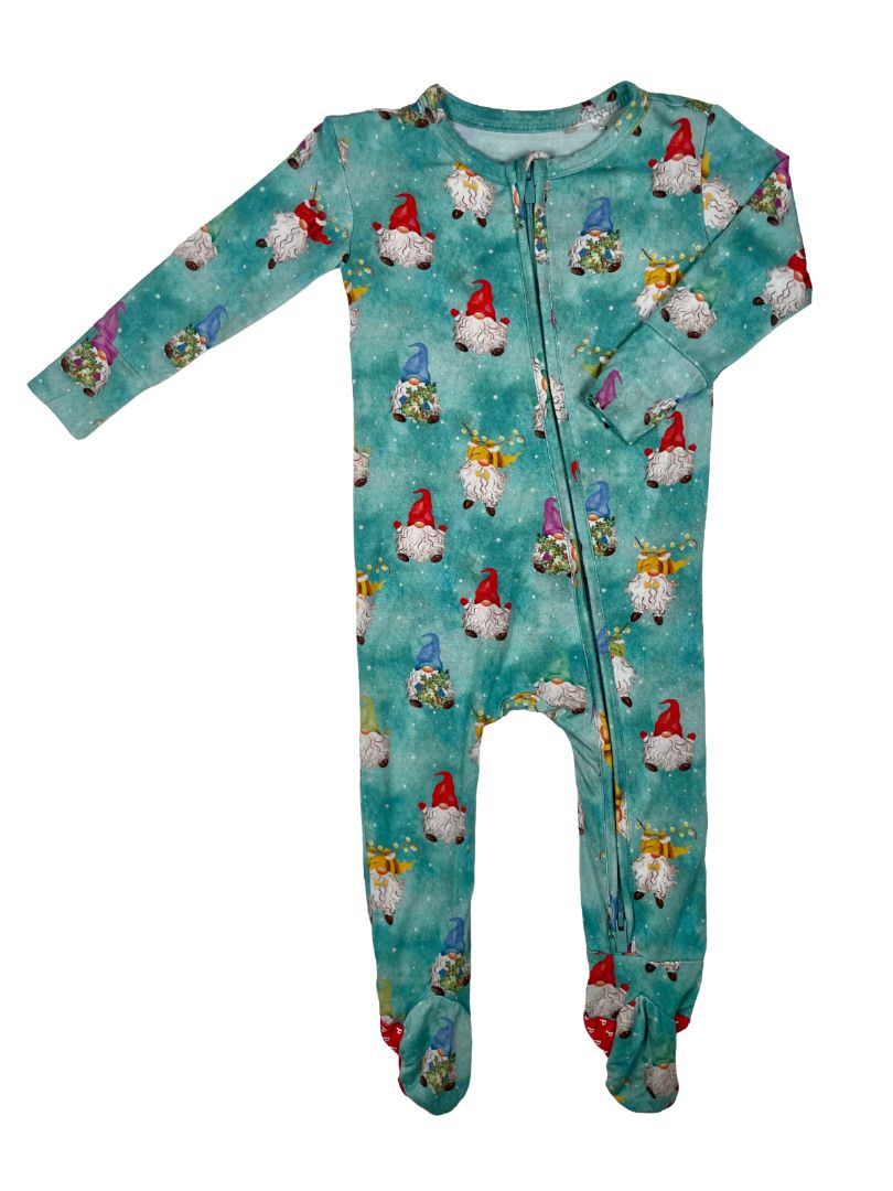 6-9 mo, Posh Peanut, Blue, Christmas gnome print footed zip-up sleeper